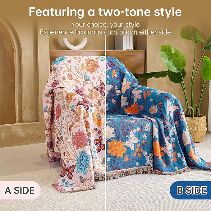 VANJOROY Boho Throw Blanket, 100% Organic Cotton Breathable Ultra Soft 50" x 60" Bed Quilt Throw - All Season Floral Rustic Farmhouse Decor Luxury Reversible Blanket for Sofa Couch Chair and Gift