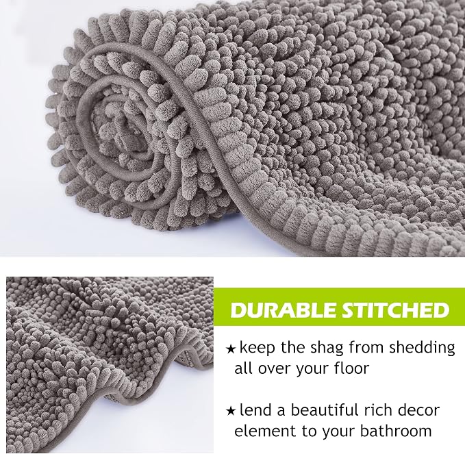 KGORGE Non Slip Bathroom Rugs - Luxury Chenille Dry Fast Plush Super Soft Plush Chenille Washable Small Bath Mats for Kitchen Living Room Bedroom Entryway, Light Grey, 20" W x 32" L, 1 Piece