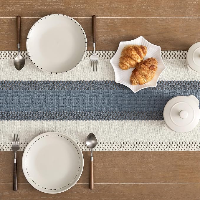 ZeeMart Macrame Style Bicolor Stitching Table Runner, 14 x 36 Inch Navy/Ivory, Boho Navy Blue Table Runners 36 Inches Long, Farmhouse Woven Home Decor