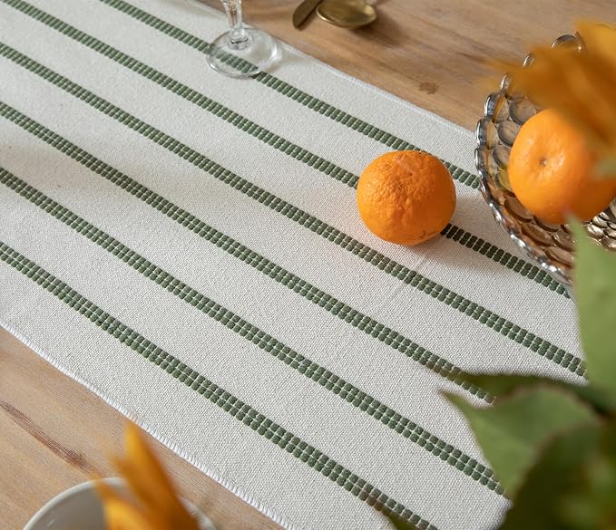 Caflife Boho Table Runner 60 Inchs Long Green and Beige, Cotton and Linen Woven with Tassels, for Modern Rustic Farmhouse Neutral Table Runners, Bohemian Kitchen Dining Table Home Decor