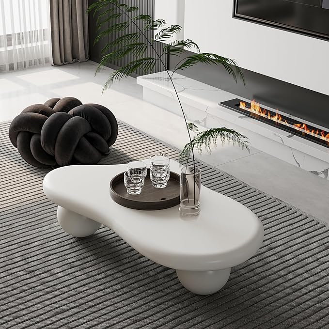 47" Cloud Coffee Table for Living Room Irregular Coffee Table Unique Modern Coffee Tables Low Cute Center Tables with 3 Ball Legs for Small Space Apartment Cream White