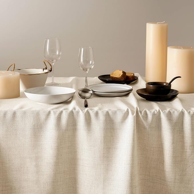 Linen Tablecloth for Rectangle Table 60x84 Inch Light Tan, Farmhouse Style Beige Tablecloth, Water Resistant Burlap Tablecloths for Dining Table Farmhouse Kitchen