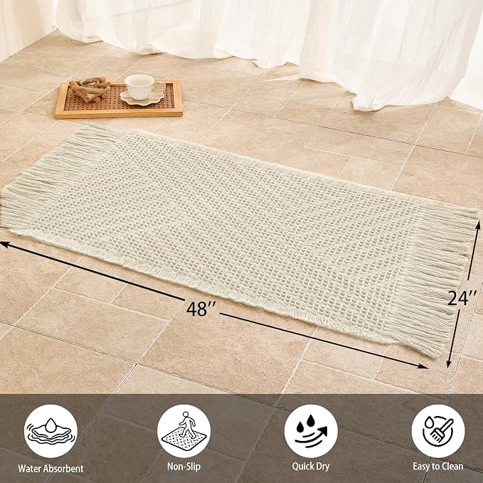 Waffle Bath Mat Non Slip, Boho Runner Rug, Super Absorbent Quick Dry Long Bath Runner Bathroom, Soft Farmhouse Bath Rug with Tassels, Washable Shower Mats for Floor 24"x48", Tassels Cream