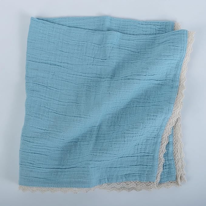 FINGERCRAFT Dinner Cloth Napkin Cotton Muslin Double Gauze 12 Pack with Classic Lace for Everyday Use, Wedding, Party, Christmas, Easter Napkins Cloth are Pre Shrunk and Good Absorbency Aqua Marine