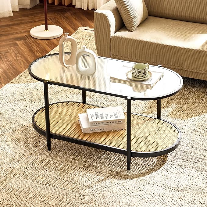 VINGLI 38" Oval Coffee Table with Rattan Shelf, Glass Metal Coffe Table, Skinny Coffee Tables with 2-Tier Storage, Modern Center Table for Living Room, Office, Small Space, Black