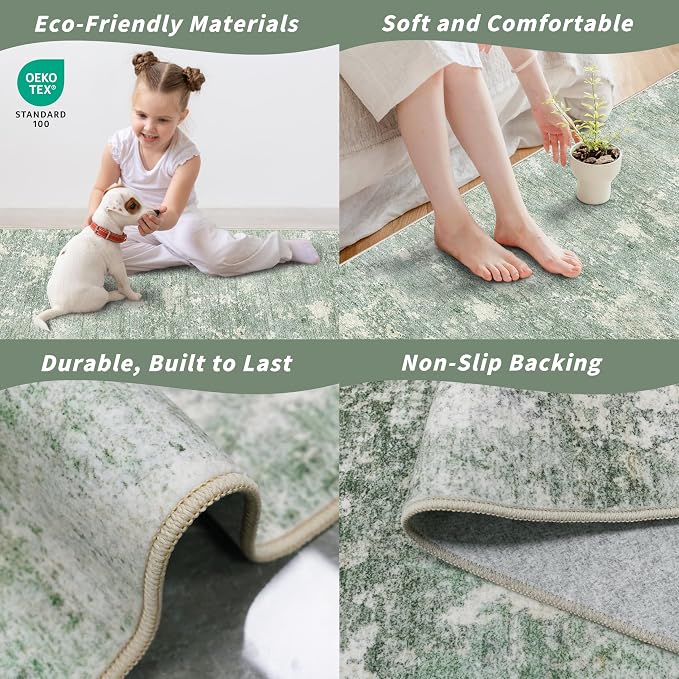 2x8 Washable Hallway Runner Rug – Non-Slip Modern Abstract Neutral Low-Pile Stain-Resistant Carpet Runner for Kitchen Entryway Bedroom Bathroom (Sage Green,2x8)