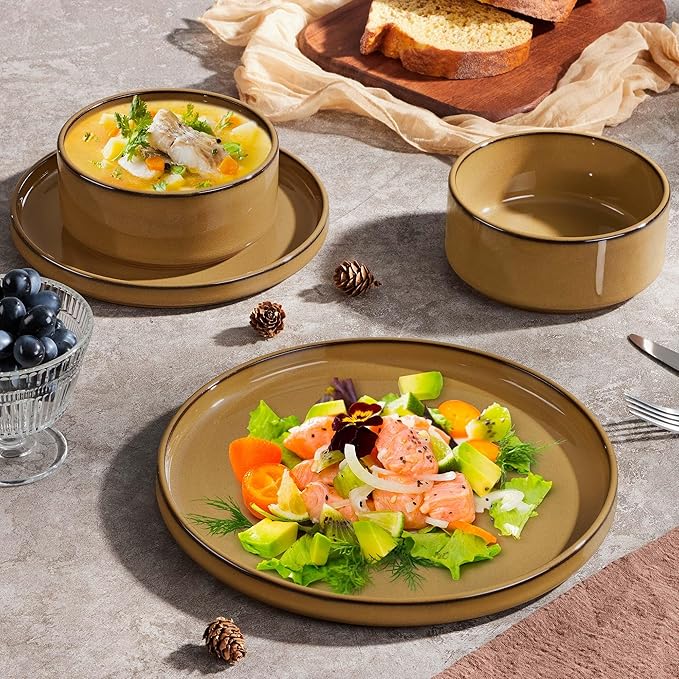 Herogo 24 Pieces Stoneware Dinnerware Set for 8, Ceramic Dinner Dishware Sets for Home Kitchen, Plates and Bowls with Rustic Terracotta Bottom, Dishwasher & Microwave Safe, Earthen Brown
