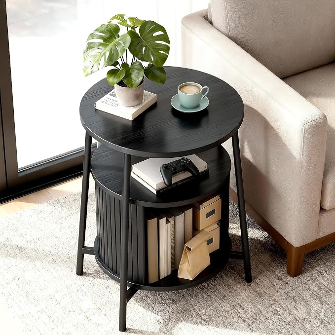 DHH Round End Tables with Charging Station, Fluted Accent Side Table with Sliding Door, Mid-Century Modern Nightstand for Small Space Storage, Living Room, Bedroom,Sofa Couch(1, Black)