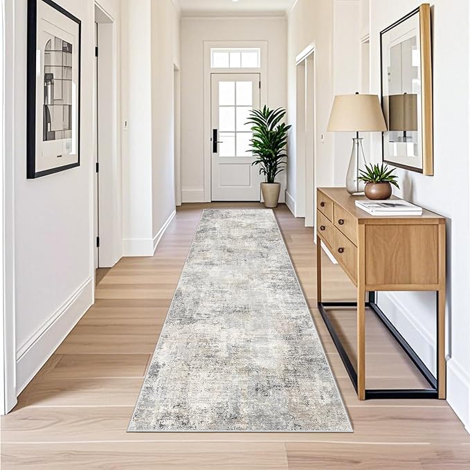 3x10 ft Long Hallway Runner Rug – Non-Slip Washable Kitchen Floor Rug with Rubber Backing, Modern Low Pile Thin Wide Carpet Runners for Bedroom, Entryway Indoor（Gray Beige,3x10）