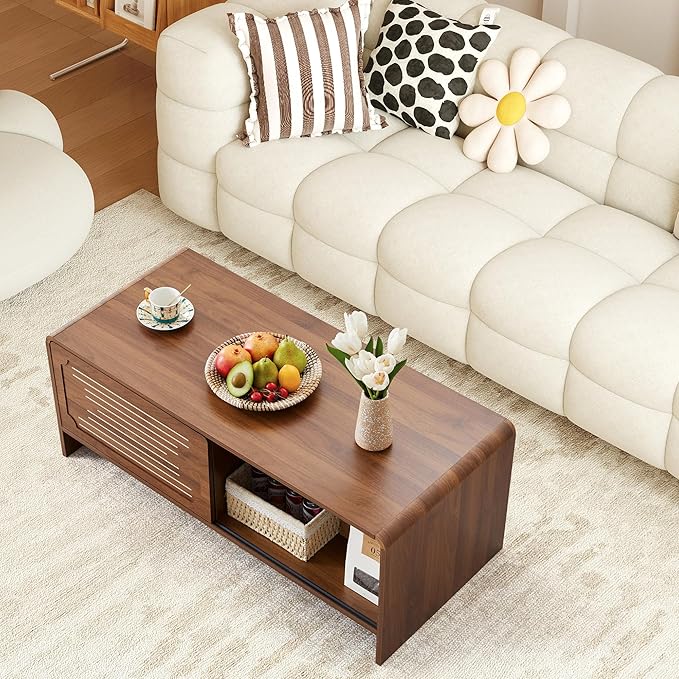 43.3'' Coffee Table, 2-Tier Rectangle Center Table with Sliding Door, Wood Modern Coffee Tables with Sturdy Base & Rounded Corners for Living Room, Office, Small Space
