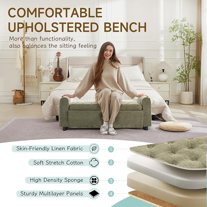Ottoman with Storage, Tufted Storage Bench for Bedroom, 48" Fabrics End of Bed Bench, Upholstered Entryway Shoe Benches with Rolled Arm & Inner Zipper, Window Ottomans Chest without Rivets, Green