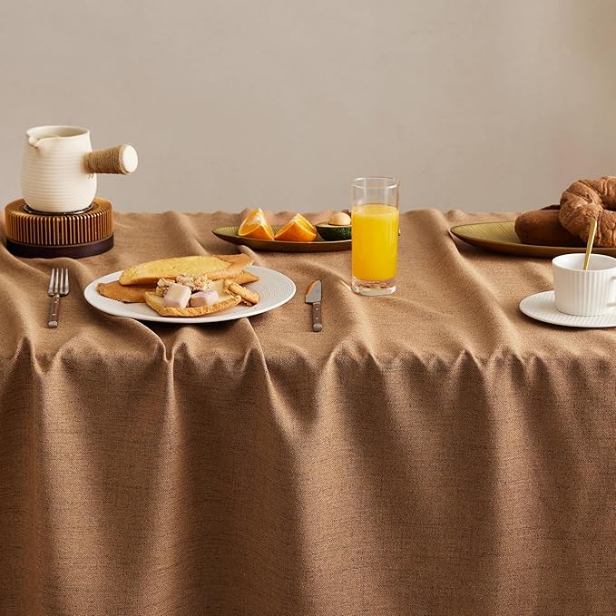 Linen Tablecloth with Tassels, Farmhouse Style Brown Tablecloth, Water Resistant Burlap Tablecloths for Rectangle Table, 60x84 Inch Caramel