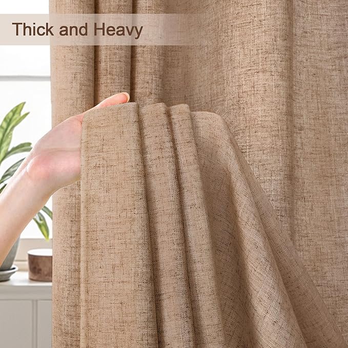 Brown Linen Shower Curtain for Bathroom, Neutral Boho Farmhouse Textured Fabric with Hooks, 72 x 72