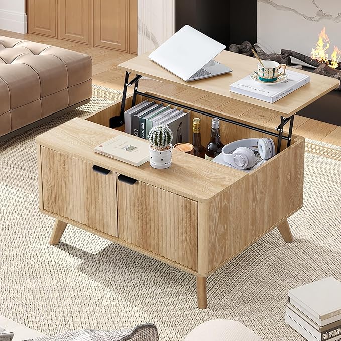 Fluted Lift Top Coffee Table with Large Hidden Compartment, 31.5” Wooden Center Table with Storage, Mid Century Modern Lift Tabletop Coffee Tables for Living Room Home Office, Natural