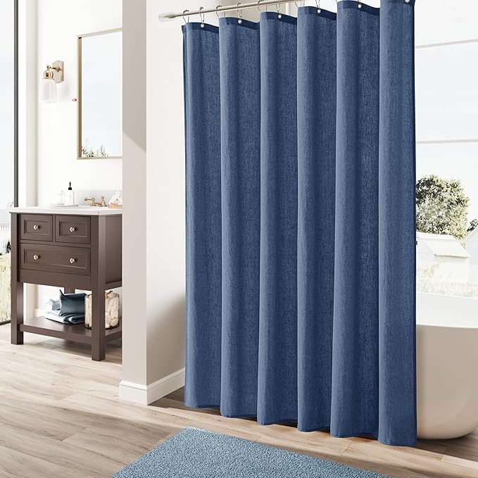 Naturoom Vintage Blue Linen Shower Curtain, Country Boho Farmhouse Bath Decor Shower Curtains Neutral Cloth Weighted Textured Fabric Bath Curtain Liner with Hooks, 72x72