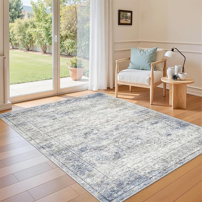 4x6 Area Rugs for Living Room, Non-Slip Backing Small Kids Rugs for Bedroom, Vintage Floral Rug Home Decor, Low Pile Soft Washable Rug for Kitchen, Dining Room (4'x6',Blue/Brown/Ivory)