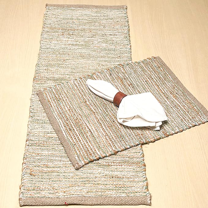 Chardin home Natural Jute Table Runner 13x36 Inch – Vintage Boho Rustic Table Decor – Handwoven Table Runner in Natural Jute and Sage Green-White – Farmhouse Dining or Console Table Accent
