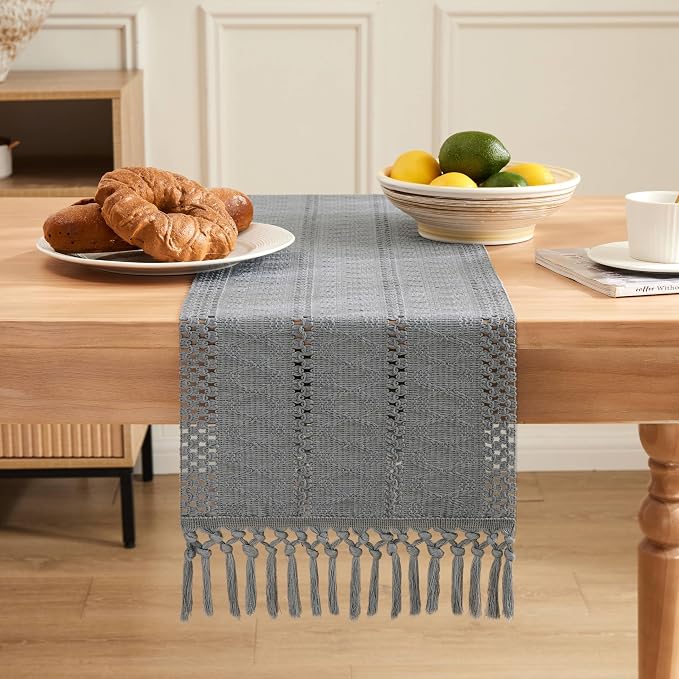 ZeeMart Macrame Style Boho Table Runner, Blue Grey Table Runners 108 Inches Long, Farmhouse Woven Home Decor, 12x108 Inch, Light Blue Grey