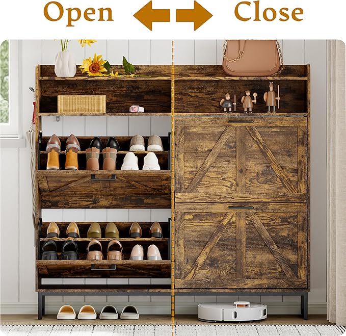 Wodeer Shoe Cabinet Storage for Entryway, Shoe Storage Cabinet with 4 Flip Drawers, Freestanding Narrow Shoe Rack Organizer with Metal Legs, Adjustable Shelves & Open Storage for Foyer, Hallway, Brown