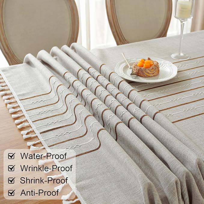 JIALE Tablecloths for Rectangle Tables, Cotton Linen Table Cloth Waterproof Tablecloth Wrinkle Free Farmhouse Dining Tables Cover, Soft Fabric Table Cloths with Tassels, Coffee, 55" X 70", 4-6 Seats