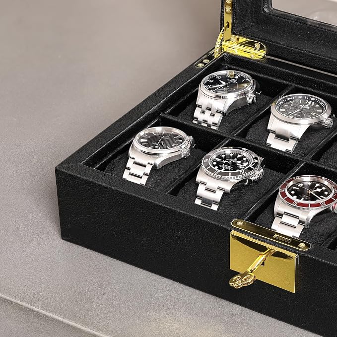ROTHWELL 10 Slot Leather Watch Box - Luxury Case Display Jewelry Organizer - Locking Watch Display Case Holder with Large Glass Top - Box Organizer for Men and Women (Black/Black)