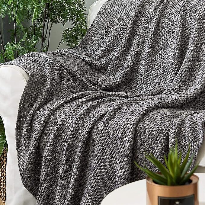 Longhui bedding 100% Cotton Knitted Throw Blanket – Dark Grey, Soft & Cozy, Machine Washable, 51"x63" – Perfect for Living Room, Couch, Sofa, Bed or Travel