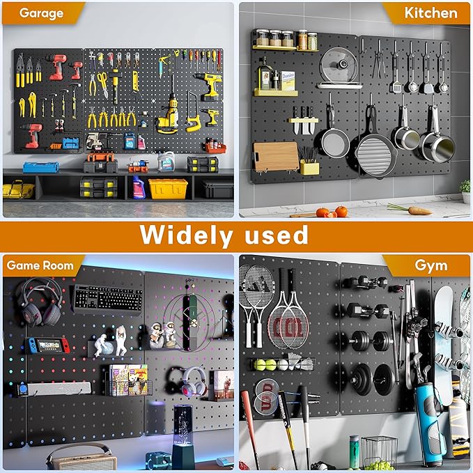 Peg Board, 112PCS Heavy Duty Metal Pegboard with Hooks, 6 Pack Black Peg Board Panels, 60lbs Load Capacity Each, Pegboard Wall Organizer for Garage, Workshop, Kitchen, Craft Rooms
