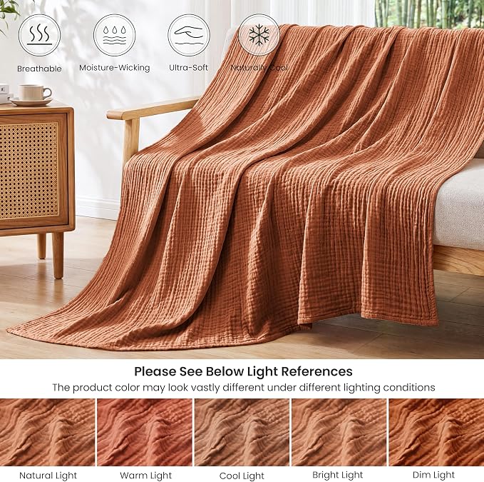 Love's cabin Cooling Muslin Blanket Twin Size, 50% Rayon Derived from Bamboo, 50% Cotton, 4-Layer Lightweight Breathable Summer Gauze Blanket for Bed, Hot Sleepers and Kids, 60"x80", Terracotta