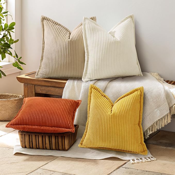 decorUhome Summer Corduroy Mustard Yellow Throw Pillow Covers 18x18 Set of 2 Decorative Soft Boho Farmhouse Couch Pillow Covers for Living Room Bed Sofa Broadside Striped Pillow Cases