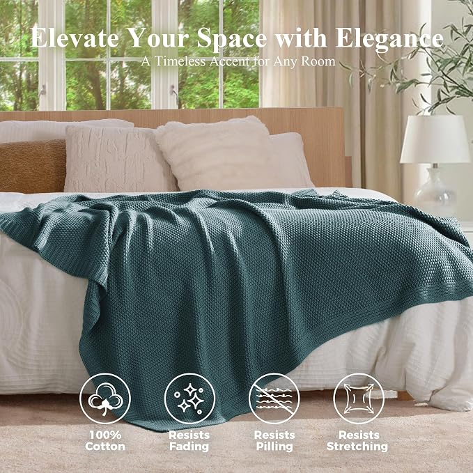 100% Cotton Cable Knit Throw Blanket, Large Lightweight Soft Knit Blanket for Sofa Couch Bed, Breathable All-Season Throw, Cozy Decorative Blanket, 60 x 80 Inch,Teal