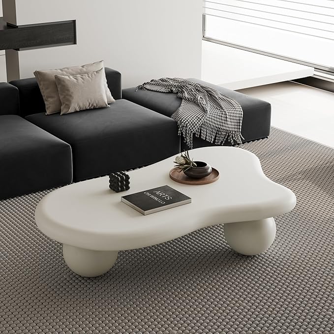 47" Cloud Coffee Table for Living Room Irregular Coffee Table Unique Modern Coffee Tables Low Cute Center Tables with 3 Ball Legs for Small Space Apartment Cream White