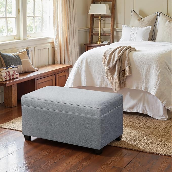 Adeco 31 Inches Storage Ottoman Bench, Non-Folding End of Bed Foot Rest Stools Ottoman with Thicker Foam Padded Seat, Upholstered Storage Chest for Living Room, Entryway, Bedroom