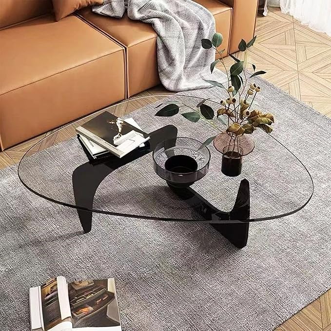 35.5″ Mid Century Modern Coffee Table, Unique Glass Coffee Tables for Living Room, Walnut Triangle Glass Top Center Tables with Wooden Base for Home Office Hotel