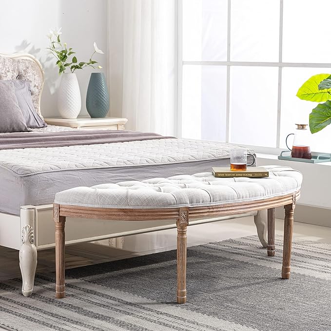 chairus Linen Halfmoon Entryway Bench 55" Button Tufted Semi-Circle Ottoman Comfy Upholstered Seat for Bedroom/End of Bed/Mudroom/Indoor, Beige
