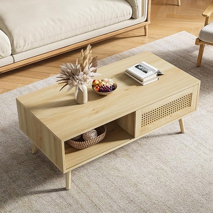 IDEALHOUSE Rattan Coffee Table with Storage, Farmhouse Boho Center Sofa Table with Sliding Door and Open Shelf for Living Room, Bedroom