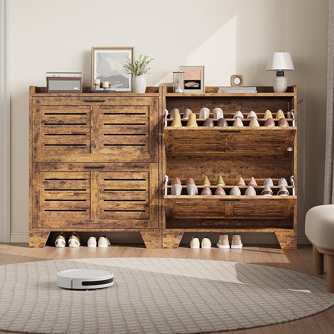 Garvee Shoe Storage Cabinet with 2 Flip Drawers, Freestanding Shoe Organizer Storage for Entryway with 2 Side Hooks, Farmhouse Hidden Slim Narrow Shoe Rack Cabinet, Rustic Brown