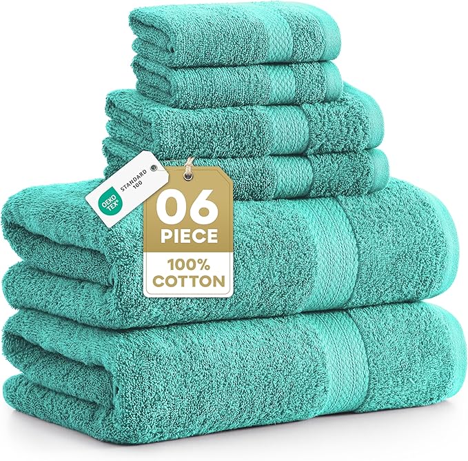 LANE LINEN 100% Cotton Bath Towel Set - 6 Pieces - Softer, Durable & Highly Absorbent - 2 Bath, 2 Wash cloths, 2 Hand Towels for Bathroom - Family Set, Premium Quality & OEKO-TEX Certified - Teal