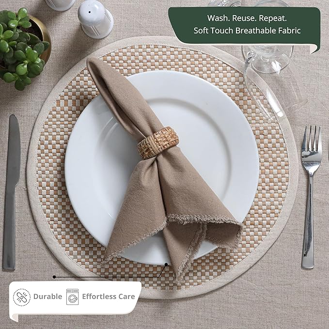 Ramanta Home Cloth Napkins Set of 4 Desert Beige 18x18 Inch - Spring Soft & Durable Frayed Dinner Napkin for Easter Wedding, Birthday | Heavy Weight Fabric Table Linen for Everyday Use Family Dinners