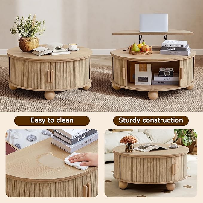 Fluted Round Lift Top Coffee Table with Hidden Storage, 33.5'' Modern Boho Center Table with Sliding Tambour Door & Solid Wood Legs, Circle Coffee Table for Living Room, Small Space, Natural