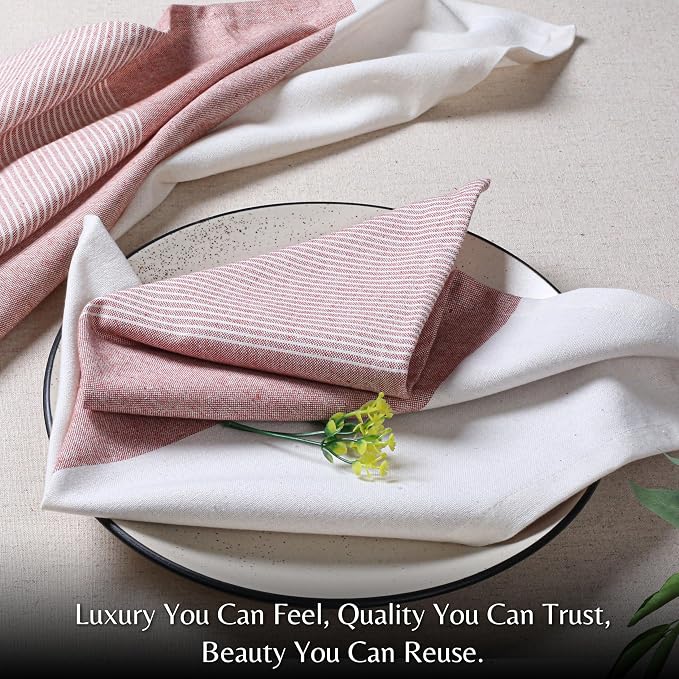 Ramanta Home Cloth Napkins Set of 12 18x18 Inches - Spring Basket Decor Block Striped Dinner Napkins for Easter Farmhouse Wedding, Washable Soft Cotton Durable Table Linen for Everyday Use - Rust