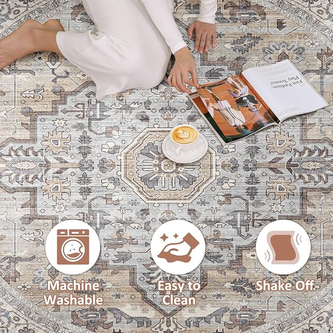 Round Rug Living Room Rugs: 4x4 Washable Boho Neutral Small Circle Soft Indoor Distressed Stain Resistant Floor Farmhouse Carpet for Bedroom Nursery Kids Playroom Office Dining Room Dorm- Cream Gray