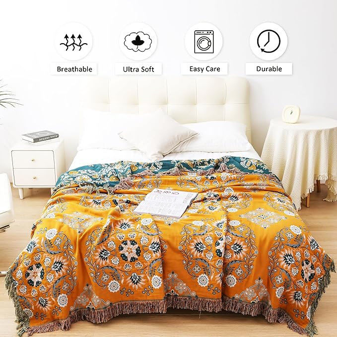 VANJOROY Boho Throw Blanket, 100% Cotton Soft Sofa Bed Queen Throw-Floral Farmhouse Decor Blanket, Reversible Bohemian Yellow Throw for Chair Couch Quilt and Gift, 80" x 90"