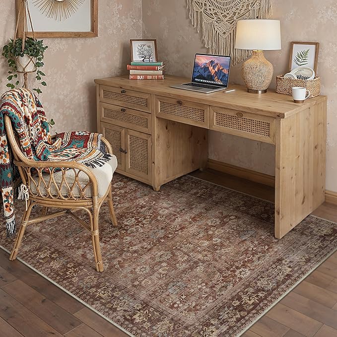 HUGEAR 4x6 Machine Washable Rugs Brick Red Hallway Area Rug Indoor Accent Rug Floral Low Pile Carpet Soft Throw Rug Bedroom Living Room Office Dining Room Kitchen Laundry Room Non Slip
