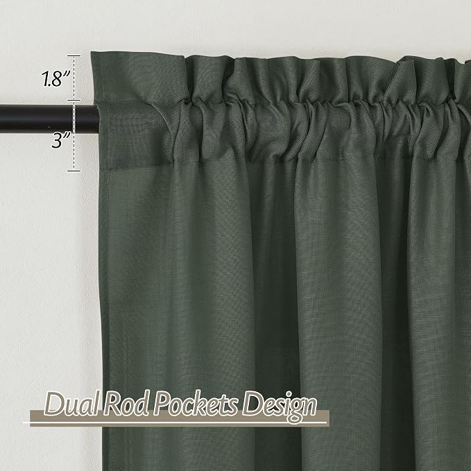 RYB HOME Hunter Green Linen Sheer Curtains 84 inches 2 Panels - Semi Transparent Rod Pocket Light Filtering Farmhouse Drapes for Living Room, Bedroom, Office, W 52" x L 84"