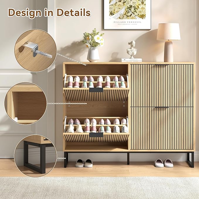 Shoe Storage Cabinet for Entryway with 4 Flip Drawers,Narrow Shoe Rack Cabinet,Hidden Slim Shoe Storage Freestanding Shoe Organizer Cabinet for Entryway, Hallway