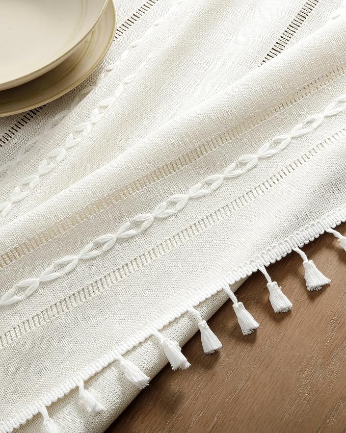 ZeeMart Hemstitched Embroidery Striped Boho Tablecloth 54x54 Inch Ivory, Heavy Weight Farmhouse Burlap Linen Off White Tablecloth, Wrinkle Resistant Washable Table Cloth for Square Table