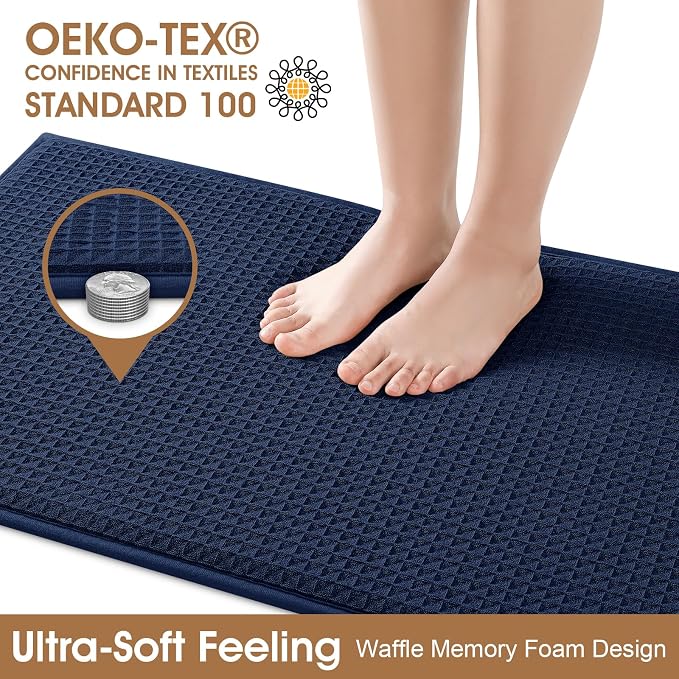 Memory Foam Bath Mat, Ultra Soft Absorbent Waffle Bathroom Rugs, Super Non-Slip PVC Backing Bath Rug Quick Dry, Machine Washable Rug for Tub, Shower, Home Decor Accessory, 32" x 20", Navy Blue