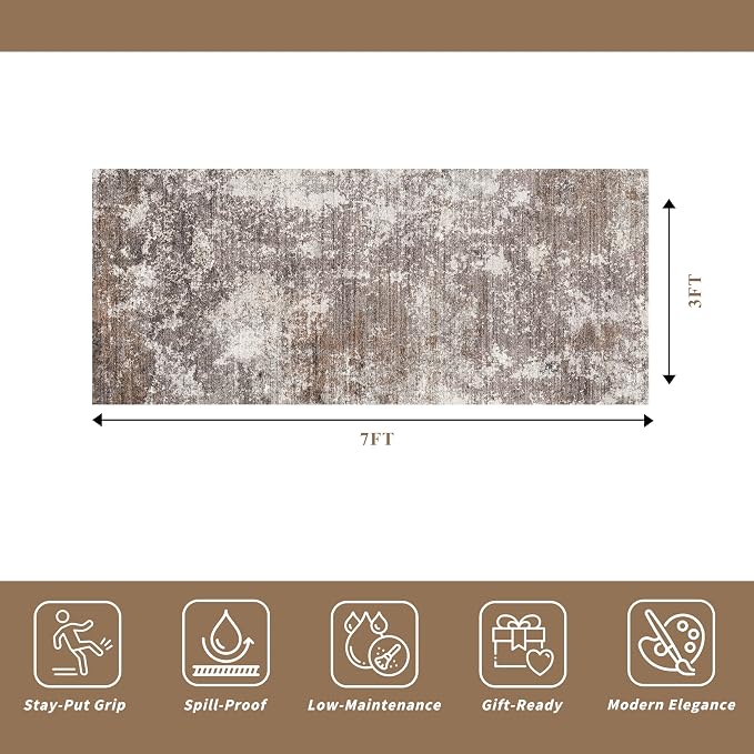 3x7 Kitchen Runner Rug – Washable Non-Slip Modern Abstract Neutral Carpet for Hallway, Entryway, Bedroom, Laundry Room & Bathroom – Low-Pile Thin Stain-Resistant Wide Floor Runner(Brown Beige,3x7)