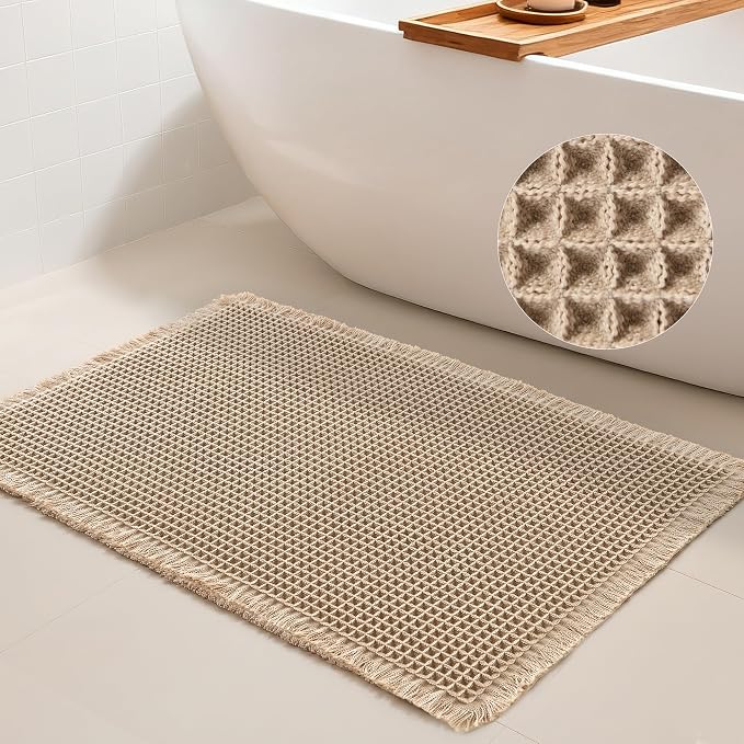 DWCN Brown Waffle Bathroom Mat, Boho Bath Rugs Super Absorbent Non Slip Bath Mats for Bathroom Floor, Ultra Soft Farmhouse Shower Mats for Tub and Shower, 20 x 32 Inch