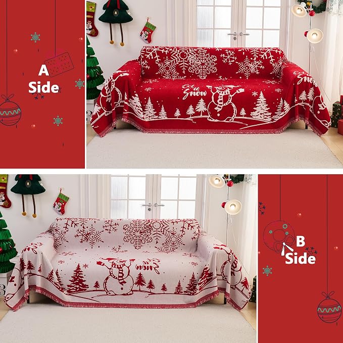 MEETSKY Christmas Sofa Cover Couch Covers for 2 Cushion Couch Sofa, Washable Couch Cover Blanket with Tassel for Living Room Sectional Sofa Slipcovers for Dogs Large Couch Protector, 71" x 118", Red